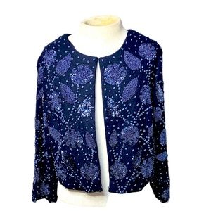 La Bellum Hillary Scott navy beaded crop waist open front jacket Sz Small